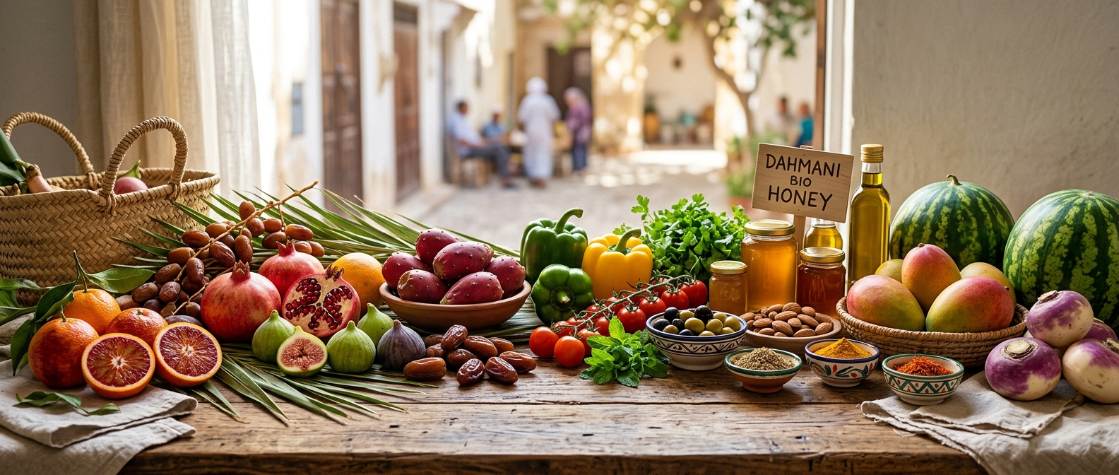 Fresh colorful organic fruits and vegetables arranged on a rustic wooden table with soft natural light, healthy lifestyle photography, vibrant and appetizing composition for a healthy eating banner
